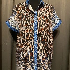 Button up rayon leopard and blue top.